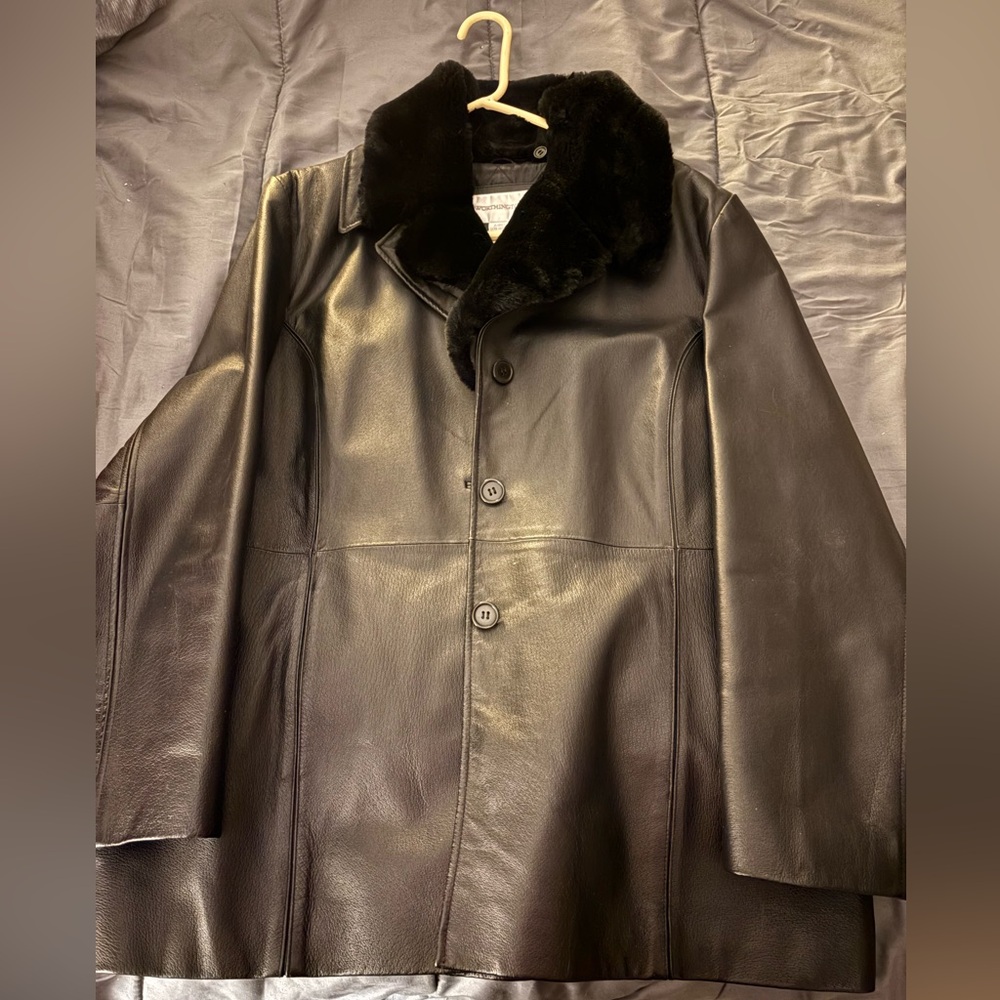 Worthington black faux leather jacket with detachable fur collar.
